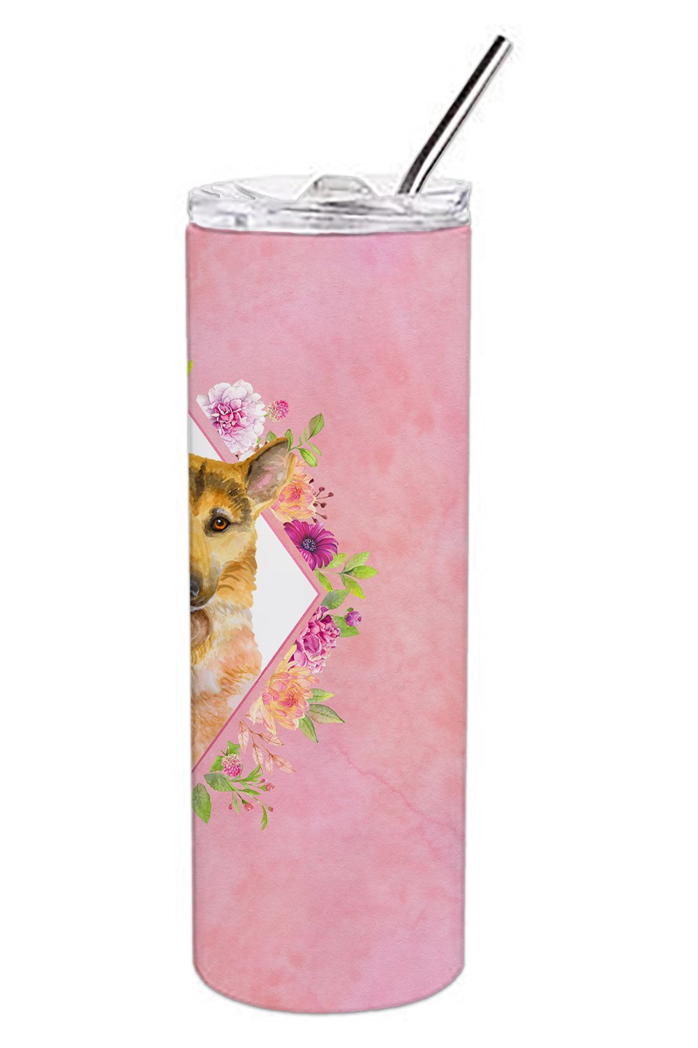 German Shepherd #2 Pink Flowers Double Walled Stainless Steel 20 oz Skinny Tumbler CK4147TBL20