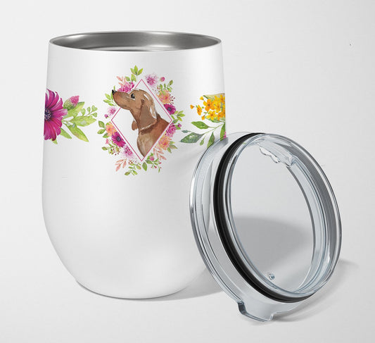 Dachshund Pink Flowers Stainless Steel 12 oz Stemless Wine Glass CK4207TBL12