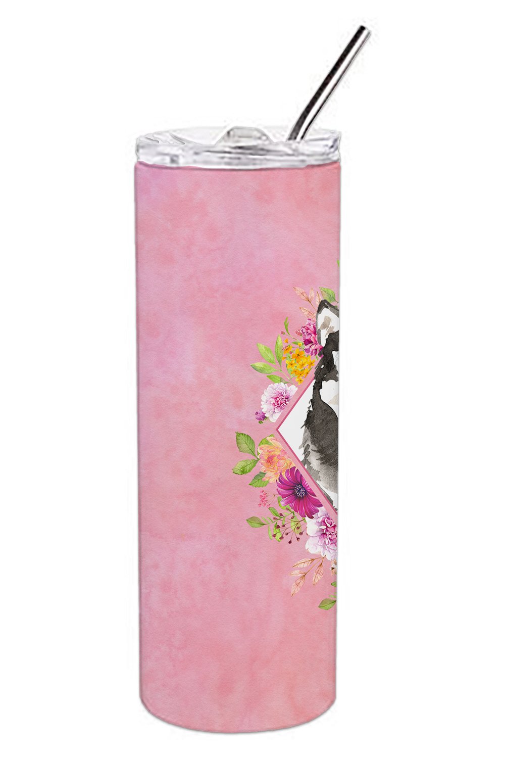 Alaskan Malamute Pink Flowers Double Walled Stainless Steel 20 oz Skinny Tumbler CK4224TBL20