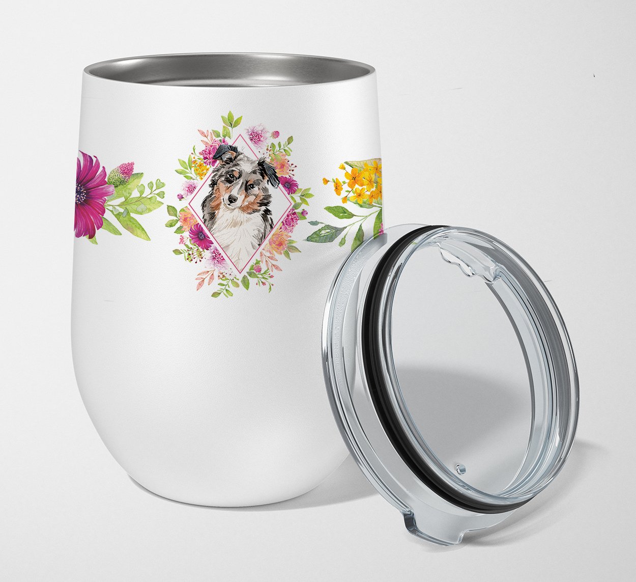 Australian Shepherd Pink Flowers Stainless Steel 12 oz Stemless Wine Glass CK4267TBL12
