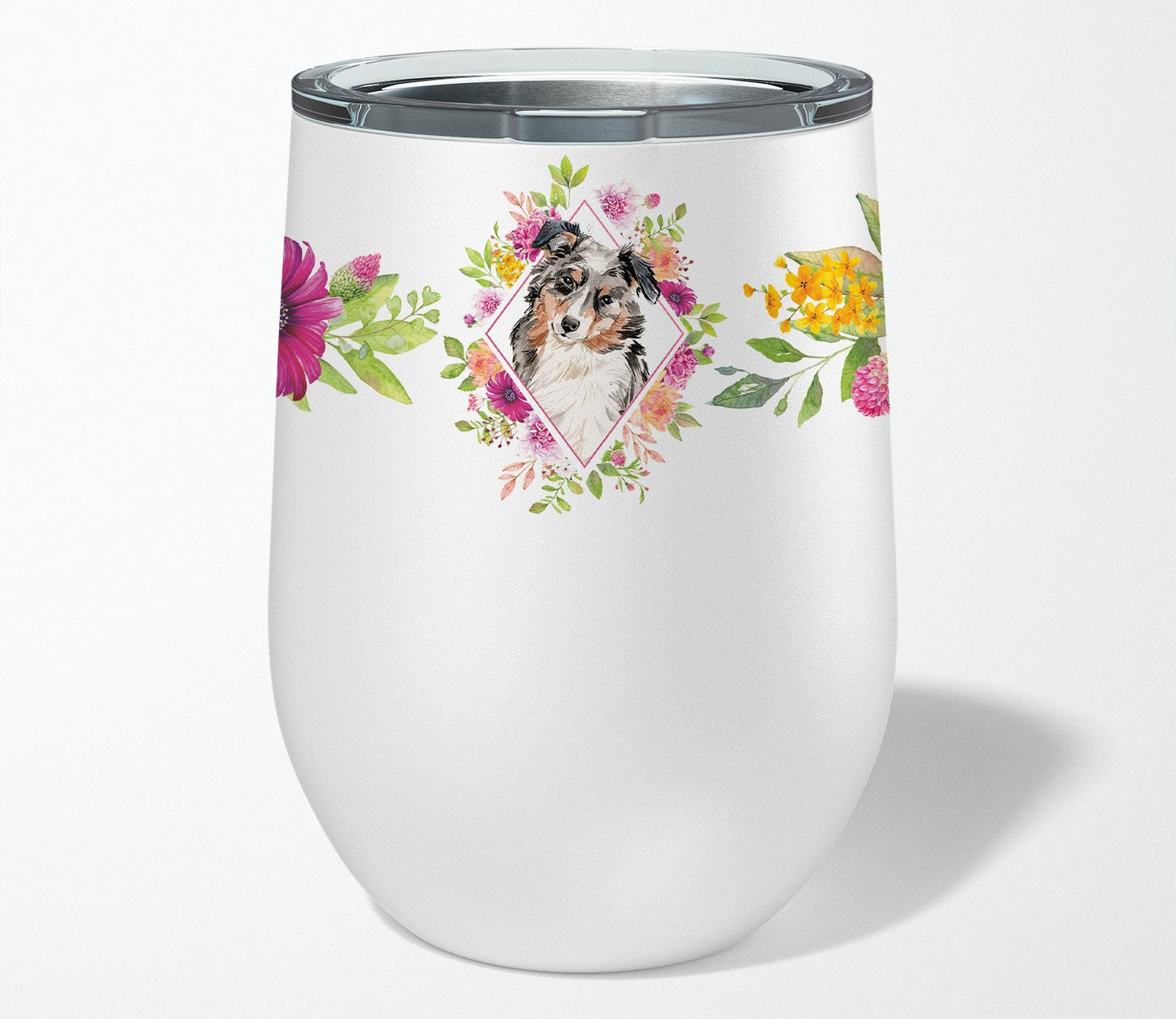 Australian Shepherd Pink Flowers Stainless Steel 12 oz Stemless Wine Glass CK4267TBL12