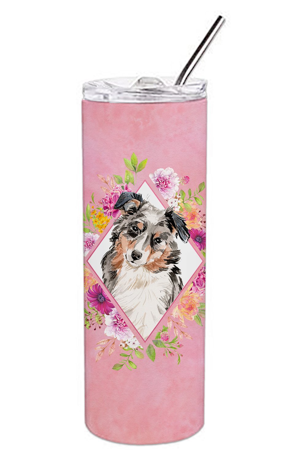 Australian Shepherd Pink Flowers Double Walled Stainless Steel 20 oz Skinny Tumbler CK4267TBL20