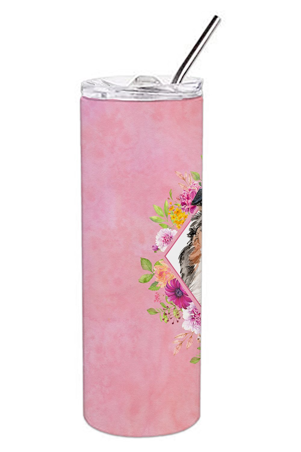 Australian Shepherd Pink Flowers Double Walled Stainless Steel 20 oz Skinny Tumbler CK4267TBL20