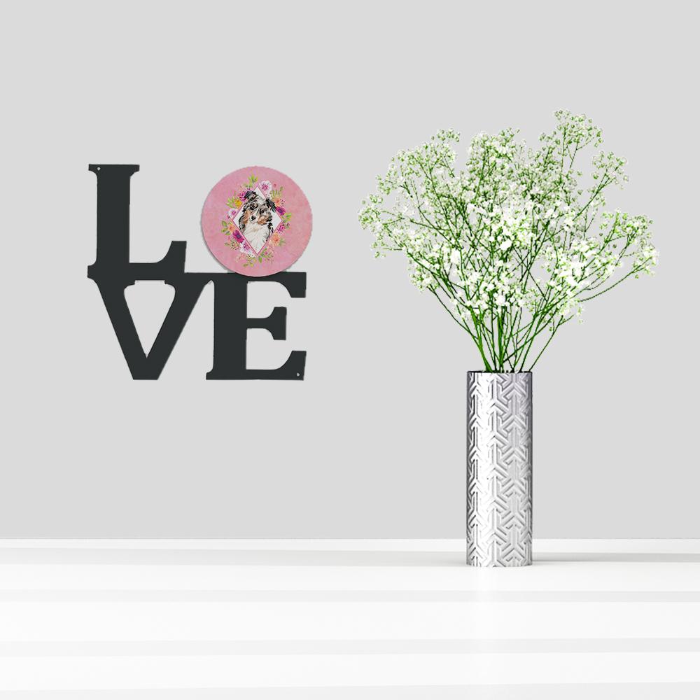 Australian Shepherd Pink Flowers Decorative Wall Art – Artist-Designed Metal Print for Home or Office CK4267WALV