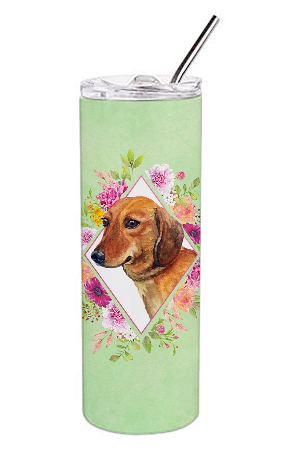 Dachshund Red #1 Green Flowers Double Walled Stainless Steel 20 oz Skinny Tumbler CK4294TBL20