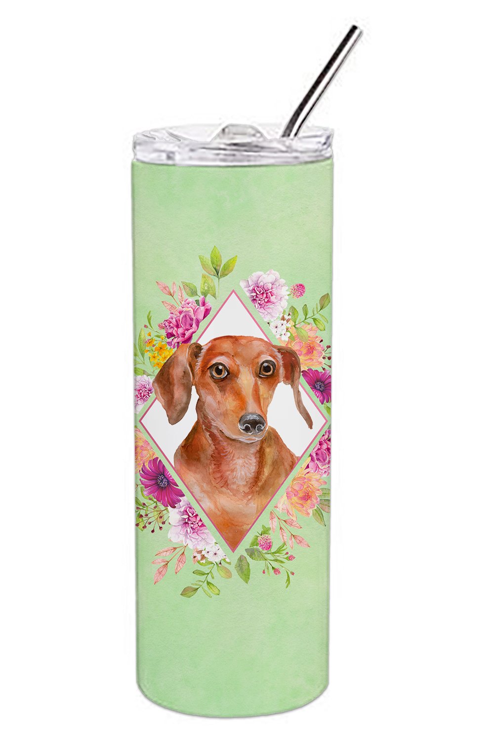 Dachshund Red #2 Green Flowers Double Walled Stainless Steel 20 oz Skinny Tumbler CK4295TBL20