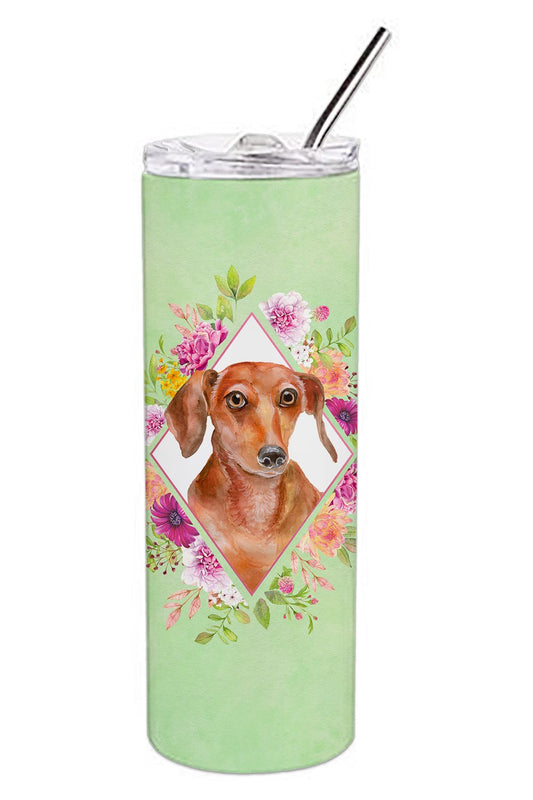 Dachshund Red #2 Green Flowers Double Walled Stainless Steel 20 oz Skinny Tumbler CK4295TBL20