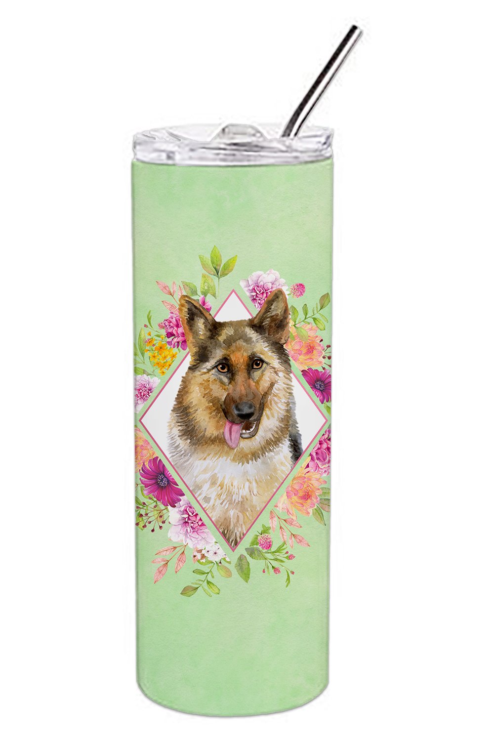 German Shepherd #1 Green Flowers Double Walled Stainless Steel 20 oz Skinny Tumbler CK4306TBL20