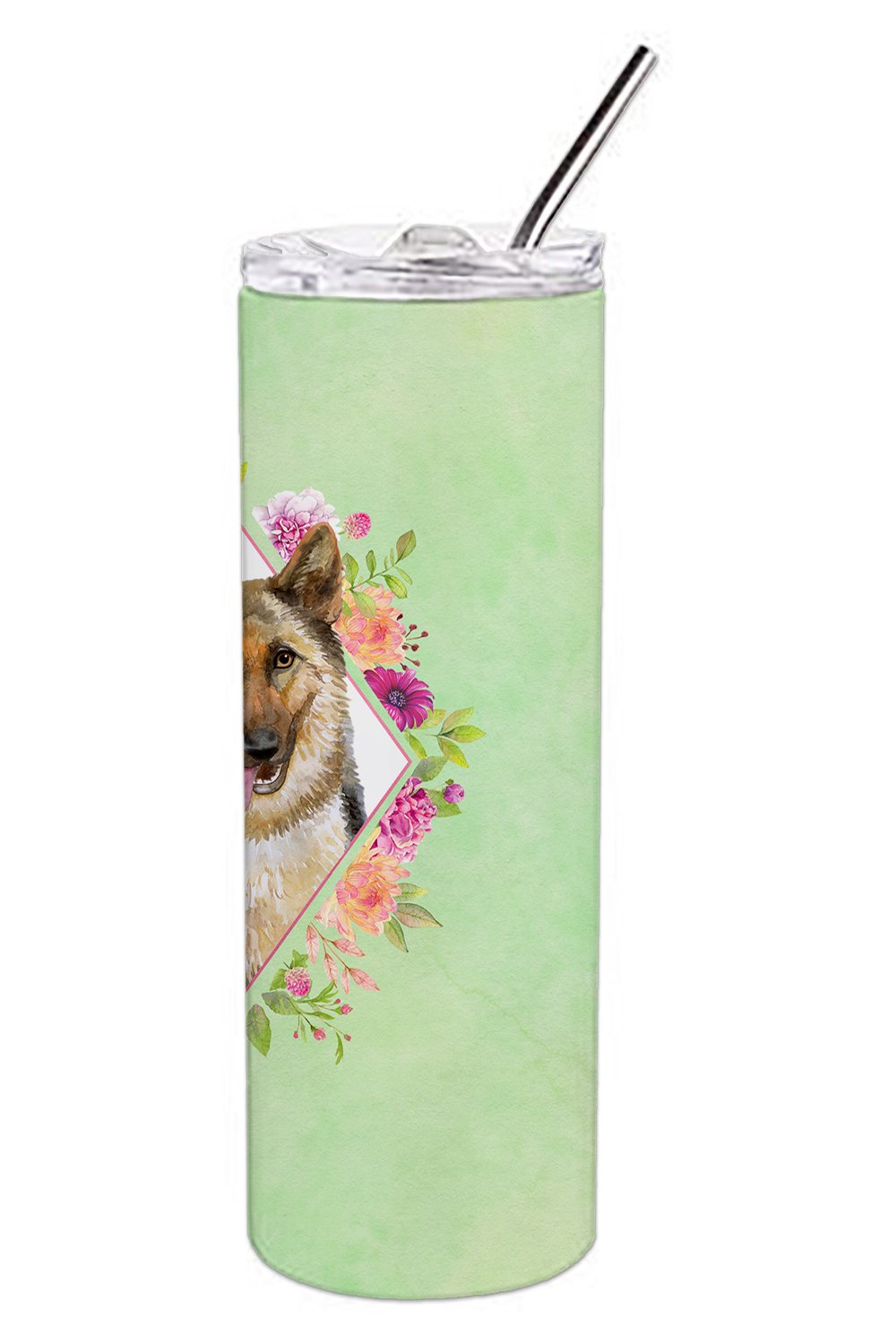 German Shepherd #1 Green Flowers Double Walled Stainless Steel 20 oz Skinny Tumbler CK4306TBL20