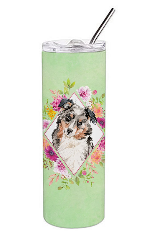 Australian Shepherd Green Flowers Double Walled Stainless Steel 20 oz Skinny Tumbler CK4427TBL20