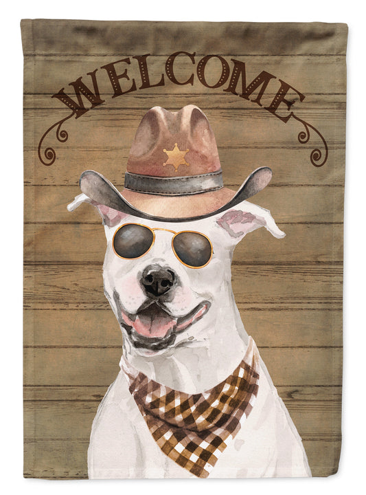 White Staffordshire Bull Terrier Cowboy Dog Welcome Garden Flag – Western-Style Dog with Hat & Sunglasses CK6277GF