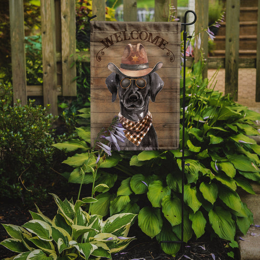 Black Labrador Retriever Cowboy Dog Welcome Garden Flag – Western-Style Dog with Hat & Sunglasses CK6288GF