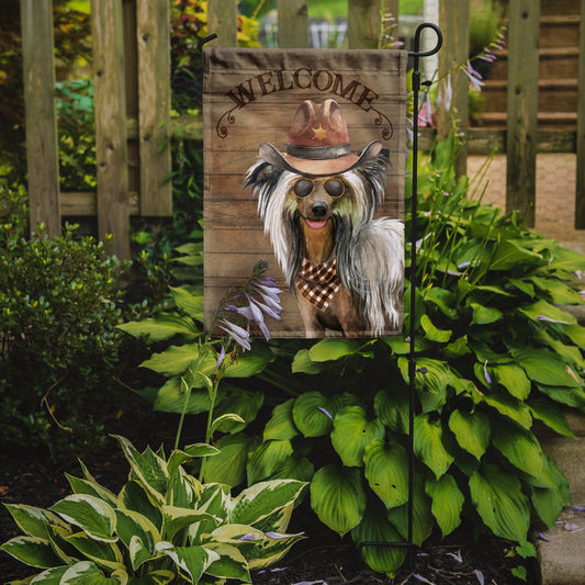 Chinese Crested Cowboy Dog Welcome Garden Flag – Western-Style Dog with Hat & Sunglasses CK6306GF