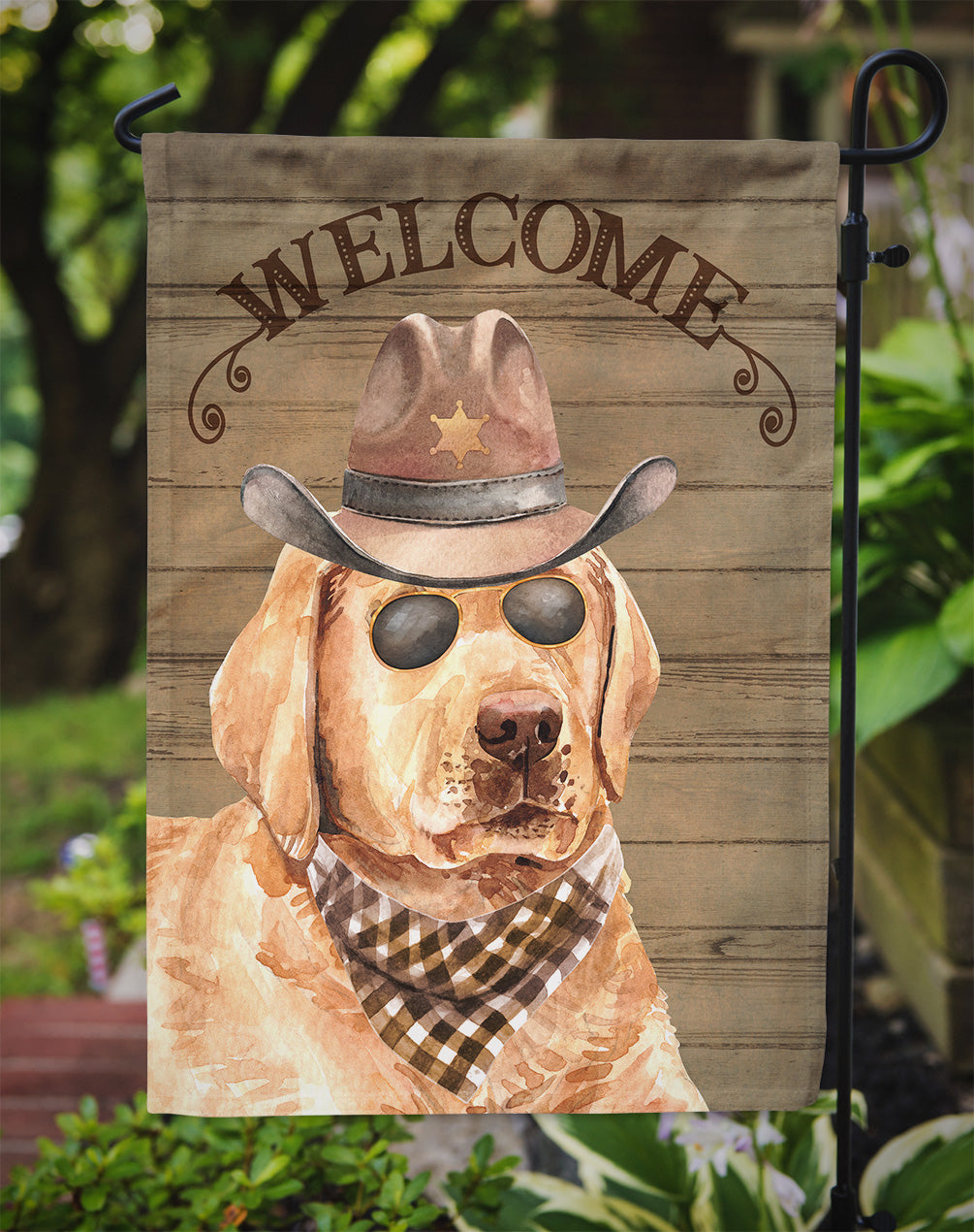 Labrador Retriever Cowboy Dog Welcome Garden Flag – Western-Style Dog with Hat & Sunglasses CK6323GF