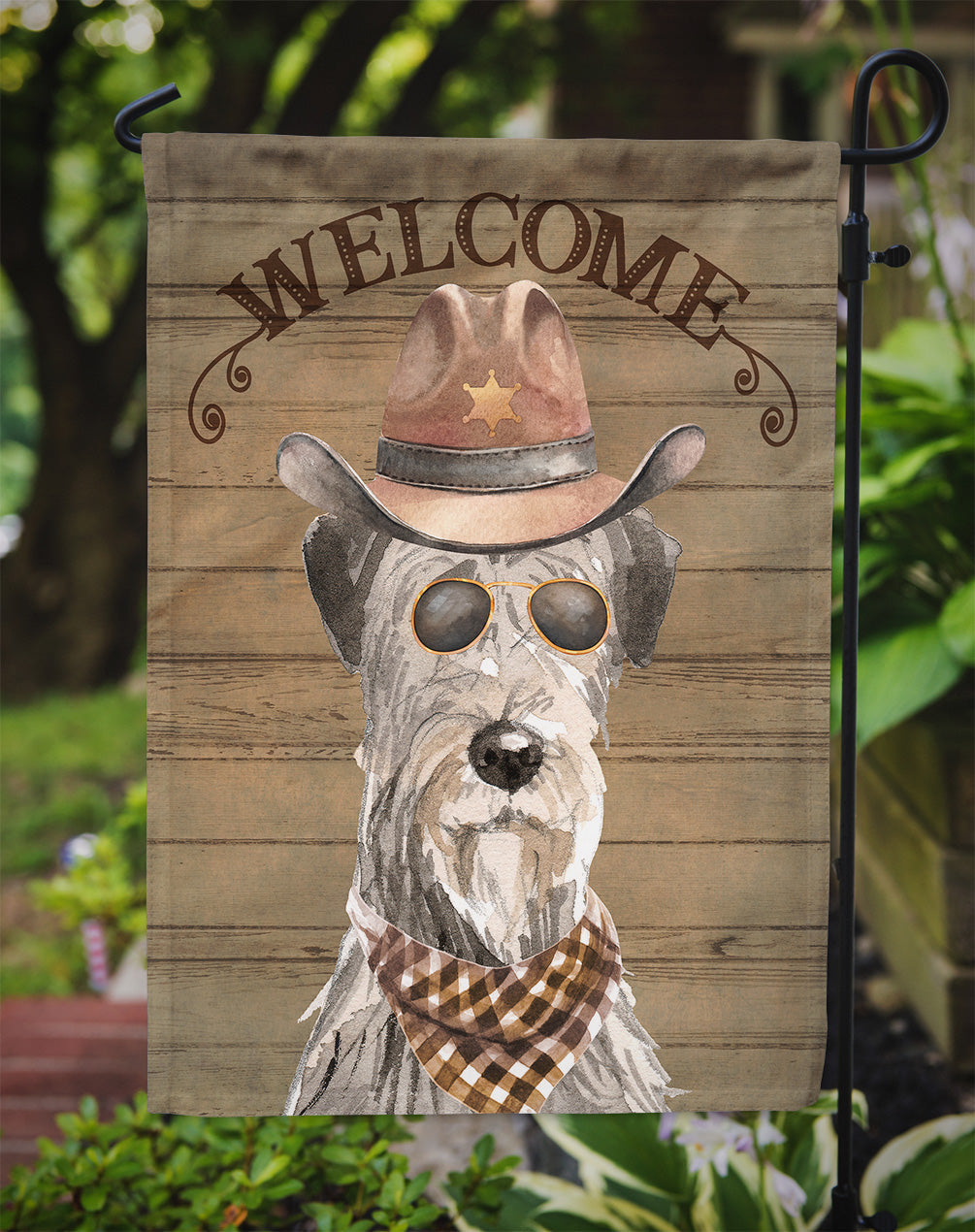Irish Wolfhound Cowboy Dog Welcome Garden Flag – Western-Style Dog with Hat & Sunglasses CK6335GF