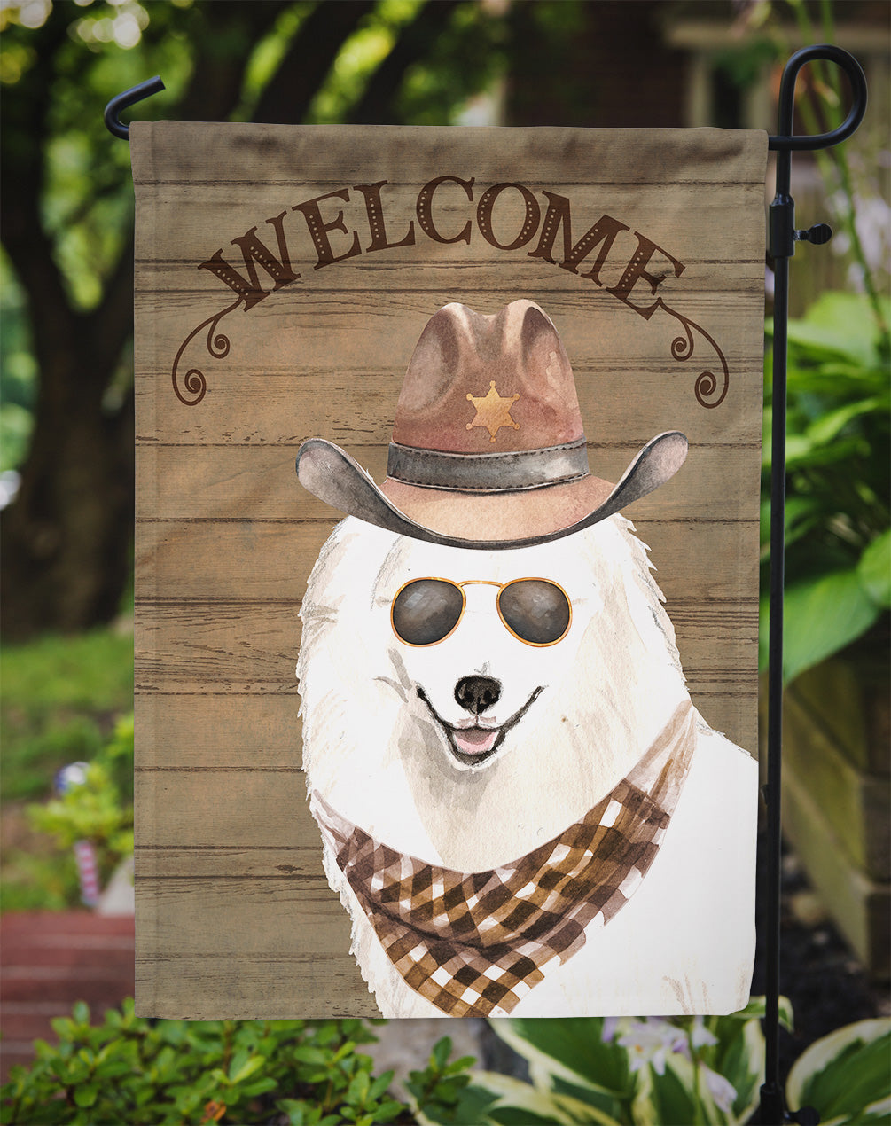 Japanese Spitz Cowboy Dog Welcome Garden Flag – Western-Style Dog with Hat & Sunglasses CK6337GF