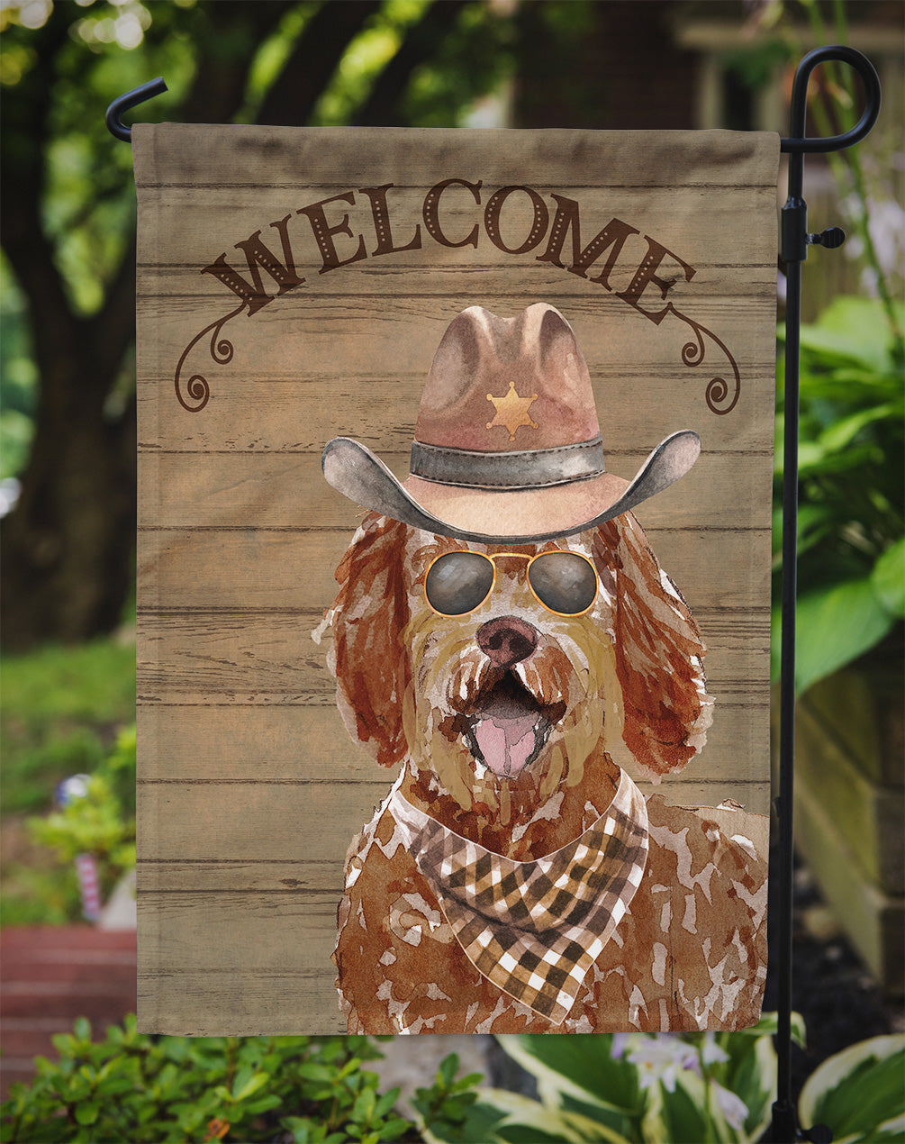 Labradoodle Cowboy Dog Welcome Garden Flag – Western-Style Dog with Hat & Sunglasses CK6338GF