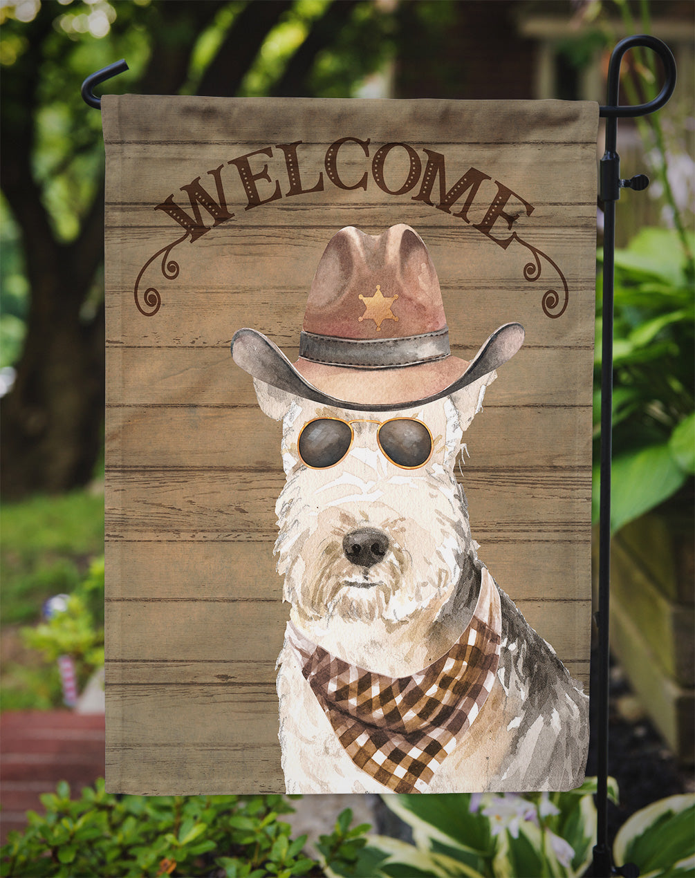 Lakeland Terrier Cowboy Dog Welcome Garden Flag – Western-Style Dog with Hat & Sunglasses CK6339GF