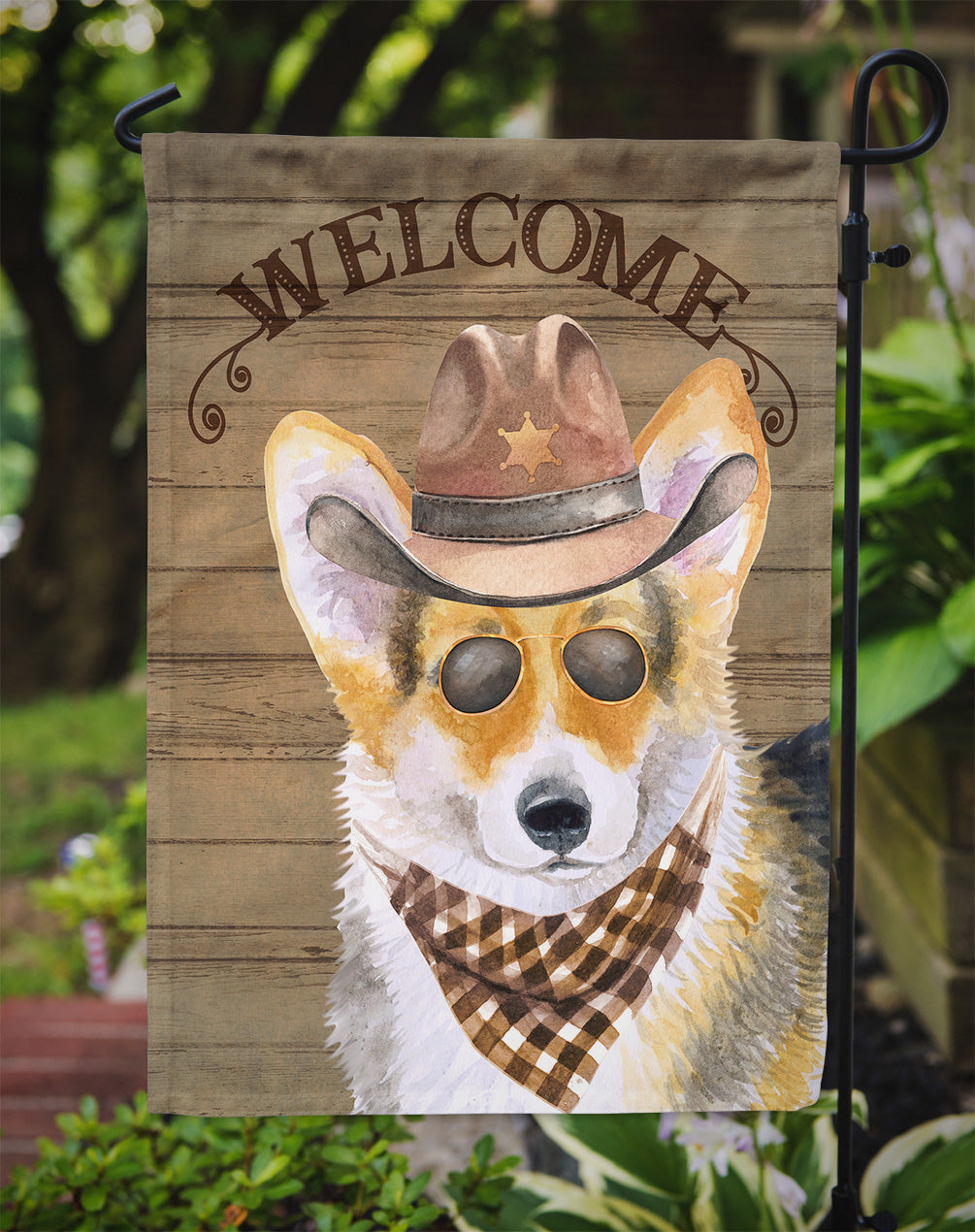 Pembroke Welsh Corgi Cowboy Dog Welcome Garden Flag – Western-Style Dog with Hat & Sunglasses CK6346GF