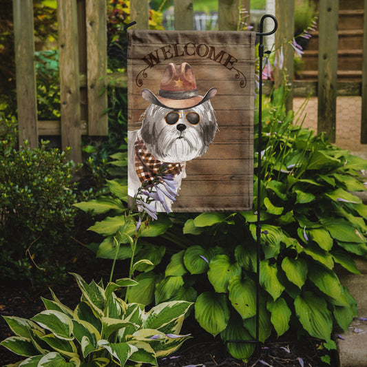 Shih Tzu Puppy Cut Cowboy Dog Welcome Garden Flag – Western-Style Dog with Hat & Sunglasses CK6363GF