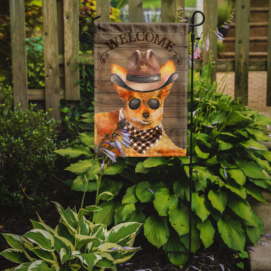 Toy Terrier Cowboy Dog Welcome Garden Flag – Western-Style Dog with Hat & Sunglasses CK6370GF