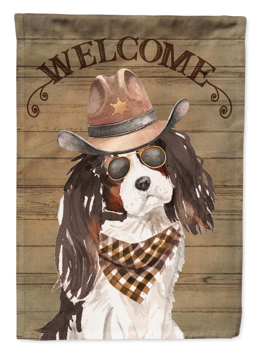 Tricolor Cavalier Spaniel Cowboy Dog Welcome Garden Flag – Western-Style Dog with Hat & Sunglasses CK6371GF