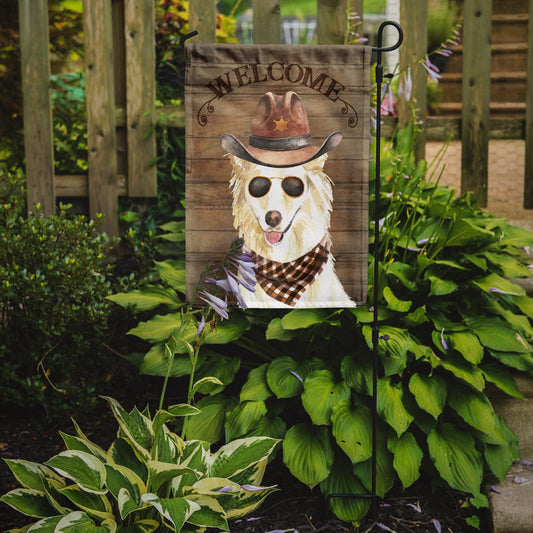 White Collie Cowboy Dog Welcome Garden Flag – Western-Style Dog with Hat & Sunglasses CK6377GF