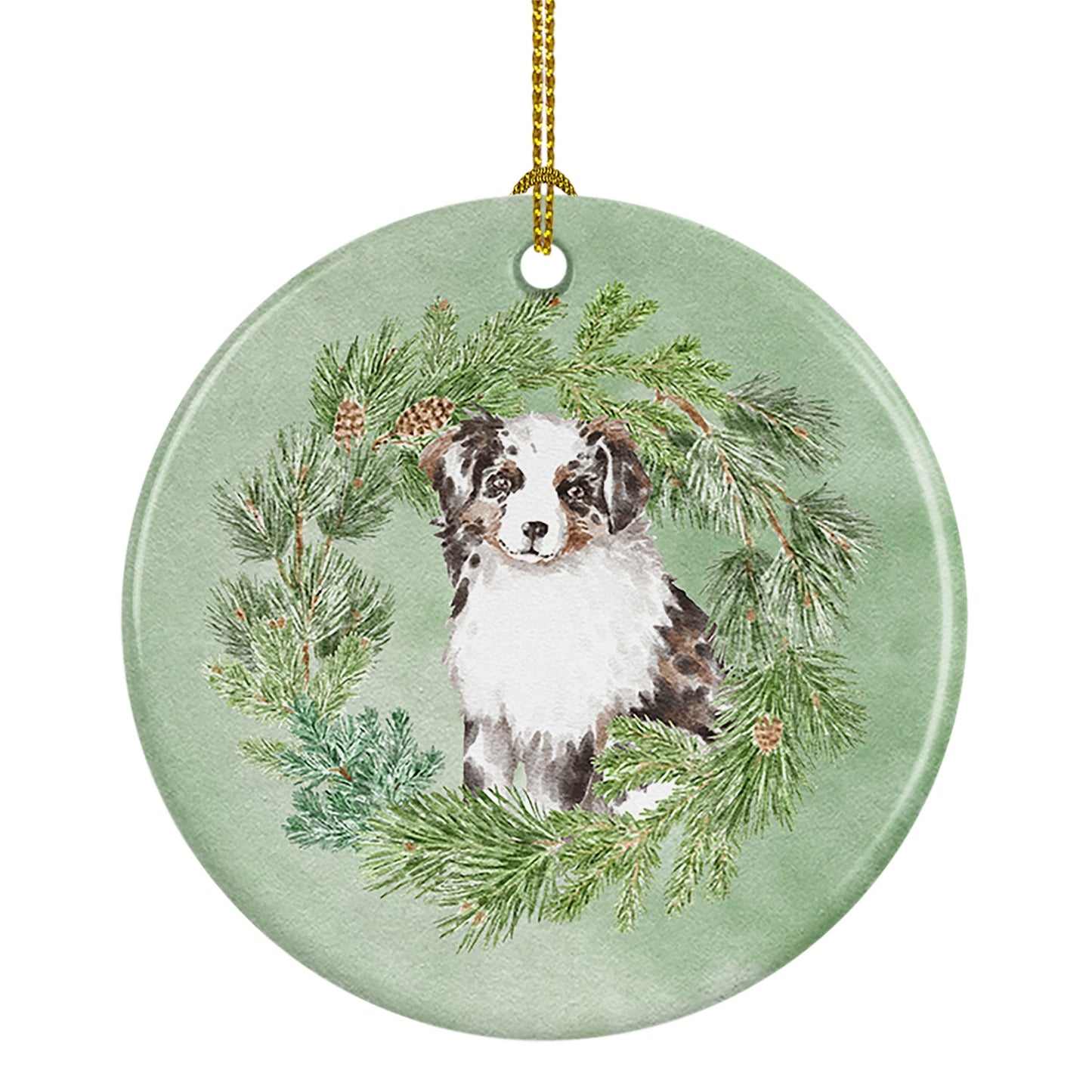 Australian Shepherd Puppy Blue Merle Christmas Wreath Ceramic Ornament
