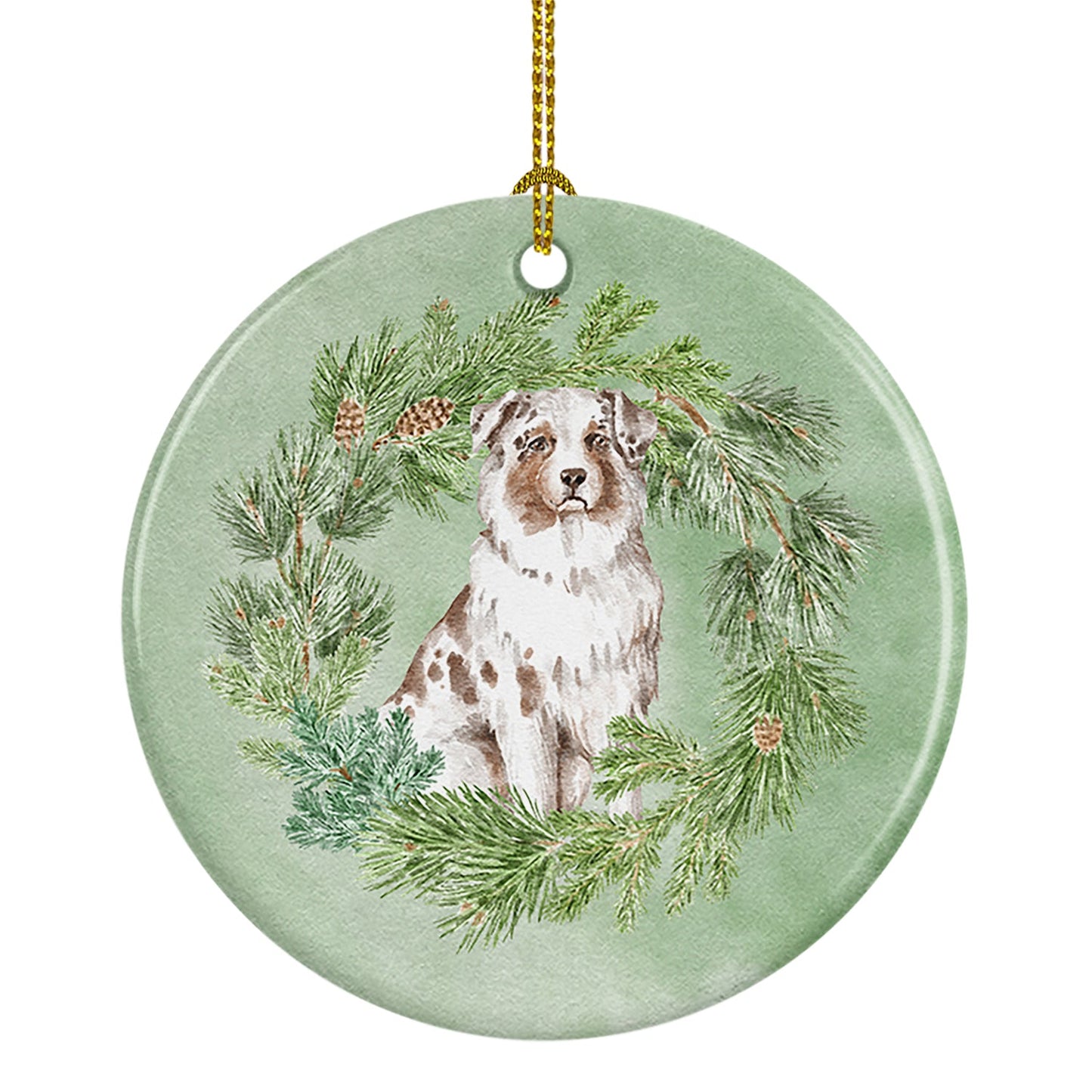 Australian Shepherd Red Merle Christmas Wreath Ceramic Ornament