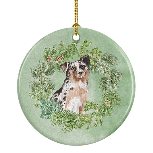 Australian Shepherd Blue Merle Shorthaired Christmas Wreath Ceramic Ornament