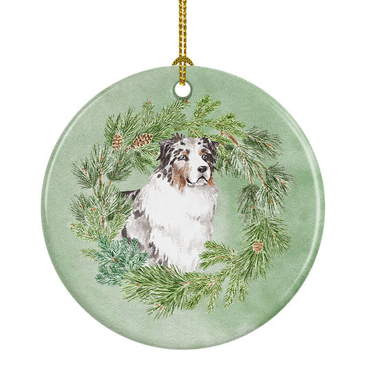 Australian Shepherd Blue Merle Longhaired Christmas Wreath Ceramic Ornament