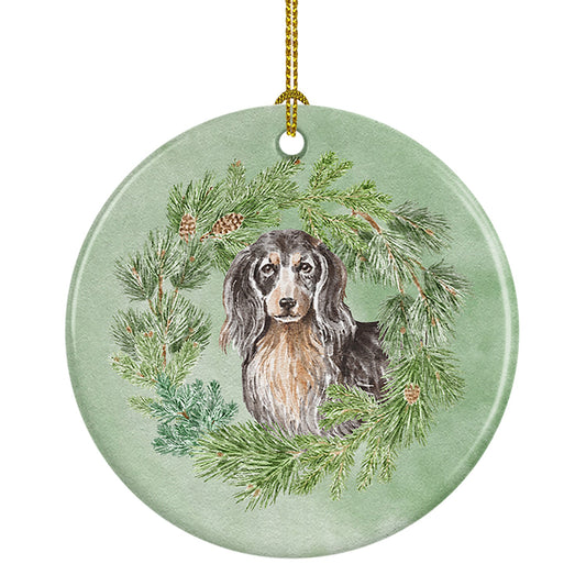 Dachshund Black and Tan Longhaired  Christmas Wreath Ceramic Ornament