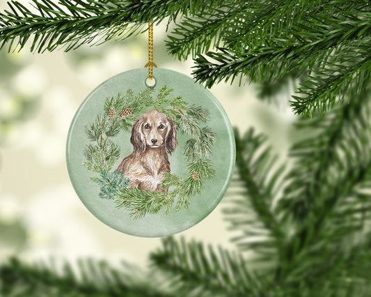 Dachshund Sable Longhaired Christmas Wreath Ceramic Ornament