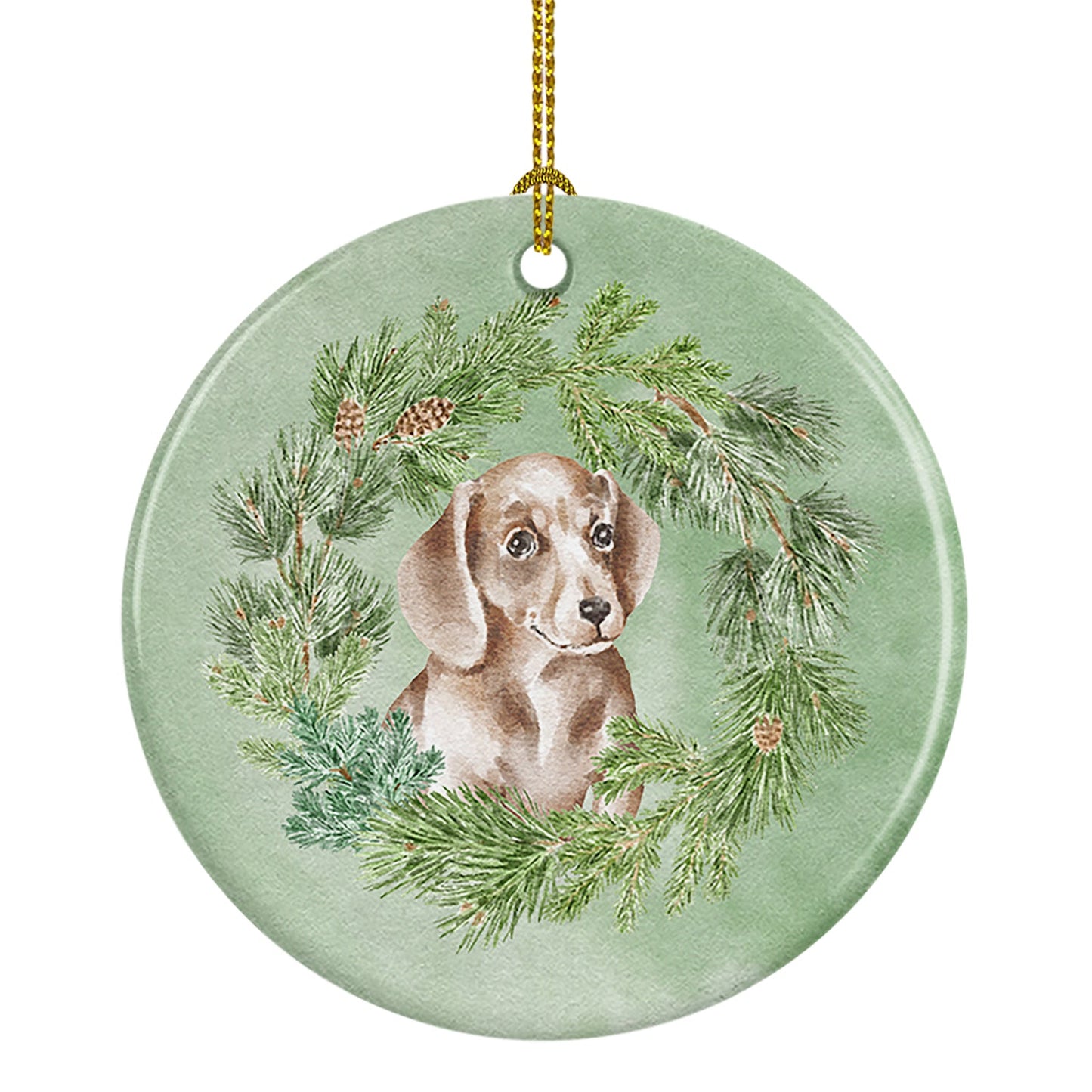Dachshund Red Puppy Christmas Wreath Ceramic Ornament