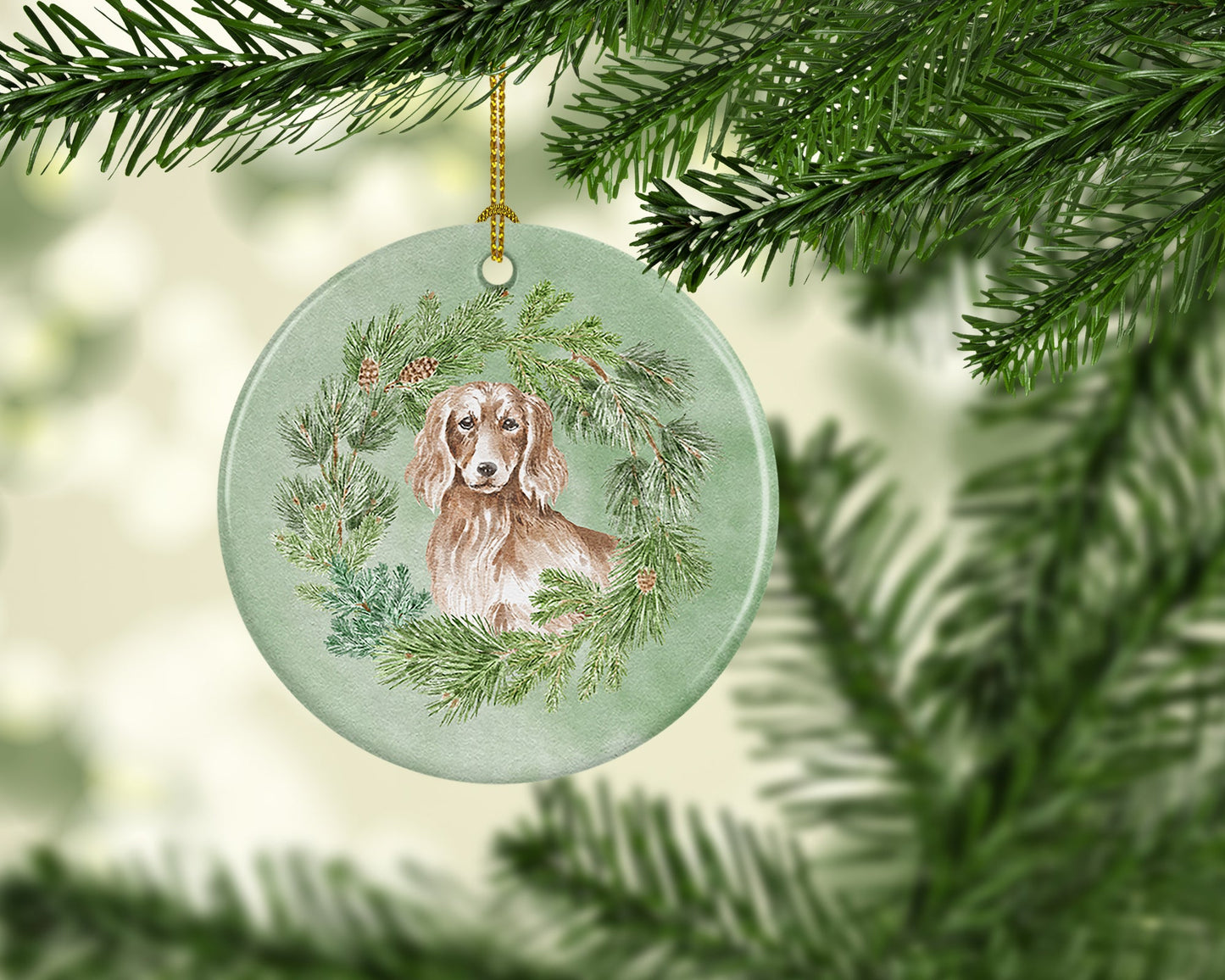 Dachshund Red Longhaired Christmas Wreath Ceramic Ornament