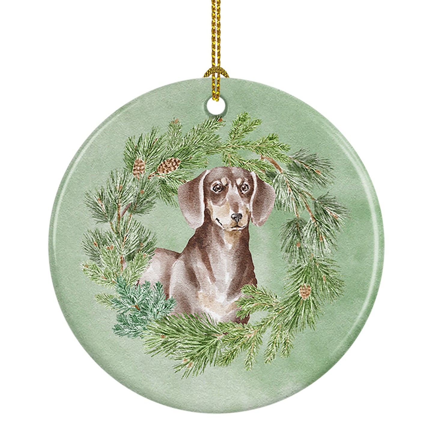 Dachshund Chocolate and Tan Christmas Wreath Ceramic Ornament