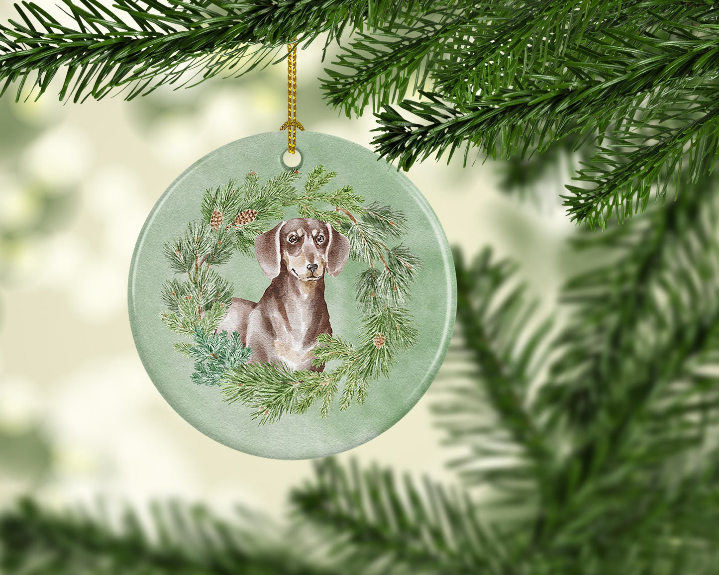 Dachshund Chocolate and Tan Christmas Wreath Ceramic Ornament