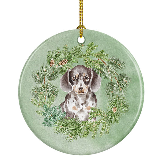 Dachshund Puppy Dappled Christmas Wreath Ceramic Ornament