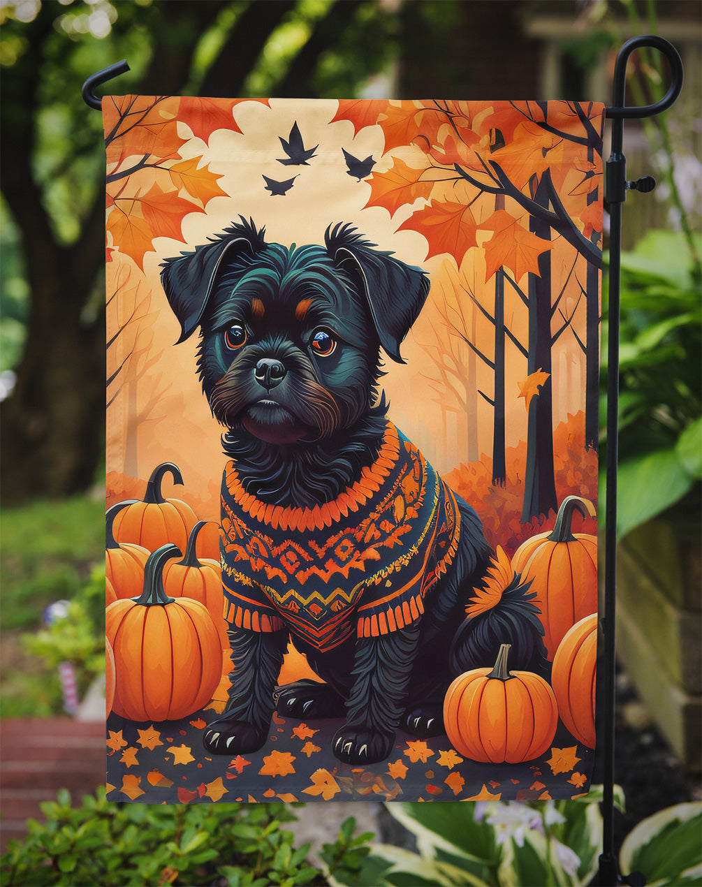 Affenpinscher Fall Garden Flag – Dog Surrounded by Pumpkins & Autumn Leaves