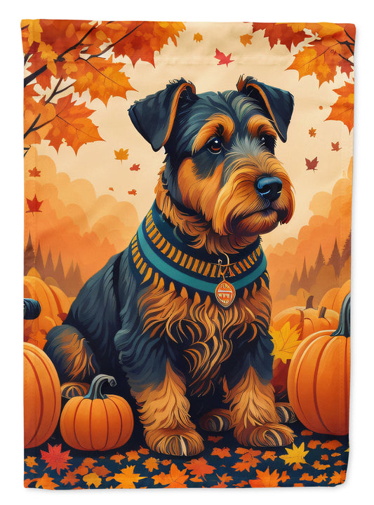 Airedale Terrier Fall Garden Flag – Dog Surrounded by Pumpkins & Autumn Leaves
