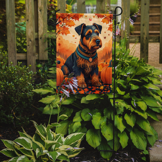 Airedale Terrier Fall Garden Flag – Dog Surrounded by Pumpkins & Autumn Leaves