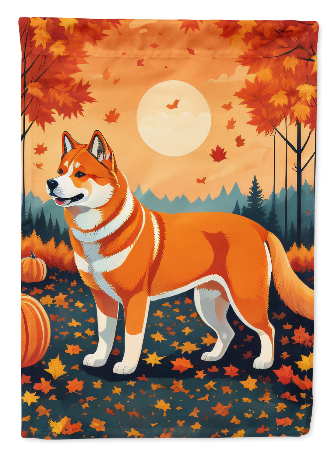 Akita Fall Garden Flag – Dog Surrounded by Pumpkins & Autumn Leaves