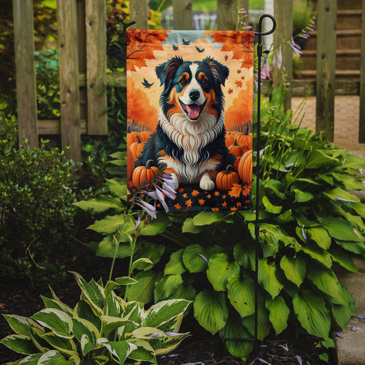 Australian Shepherd Terrier Fall Garden Flag – Dog Surrounded by Pumpkins & Autumn Leaves
