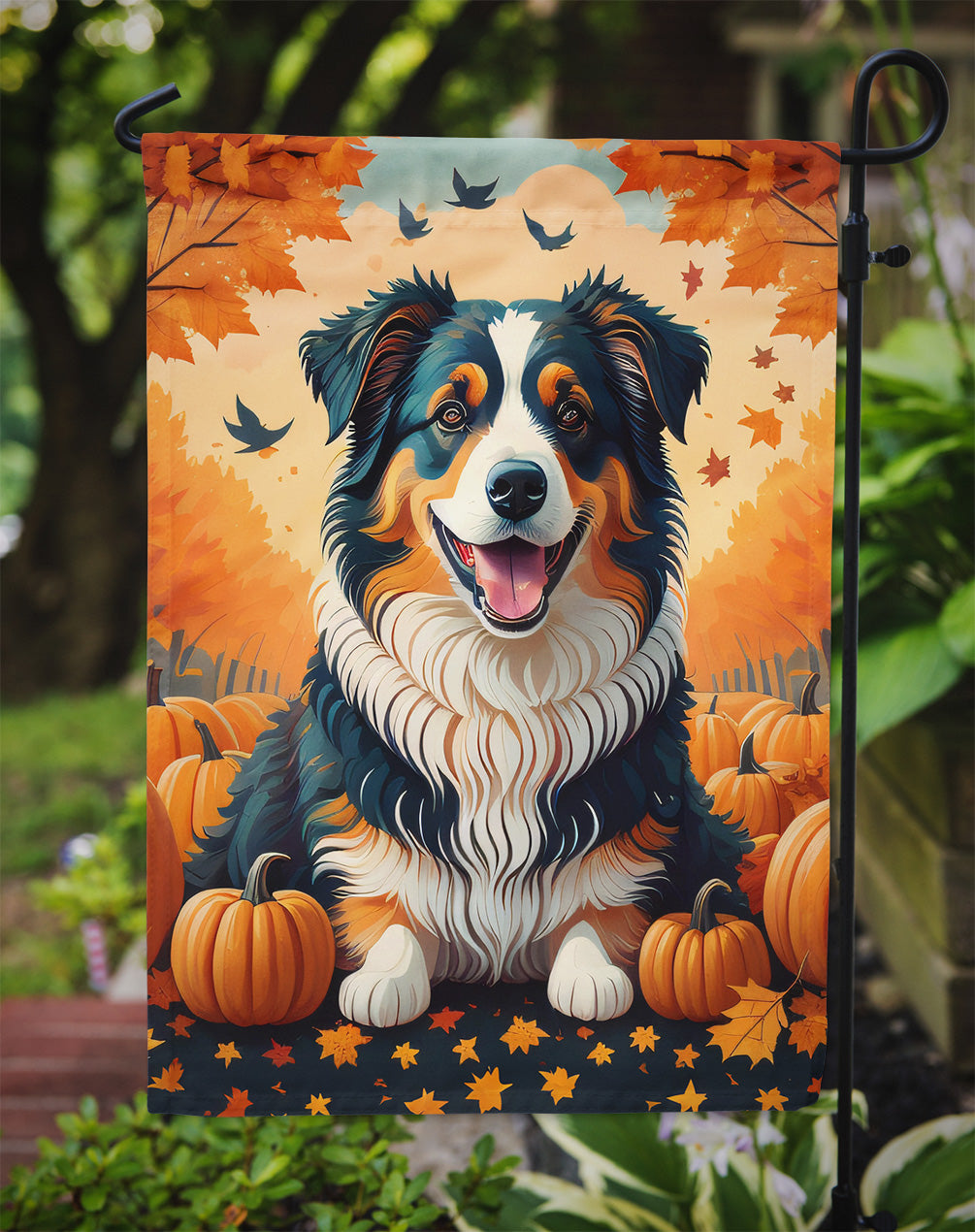 Australian Shepherd Terrier Fall Garden Flag – Dog Surrounded by Pumpkins & Autumn Leaves