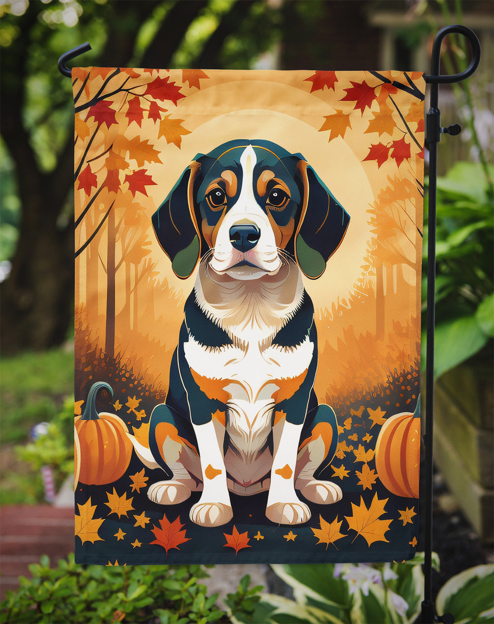 Beagle Fall Garden Flag – Dog Surrounded by Pumpkins & Autumn Leaves