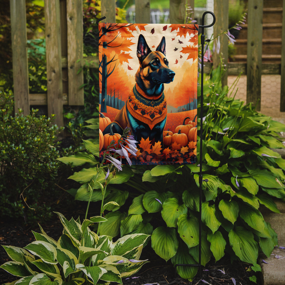 Belgian Malinois Fall Garden Flag – Dog Surrounded by Pumpkins & Autumn Leaves