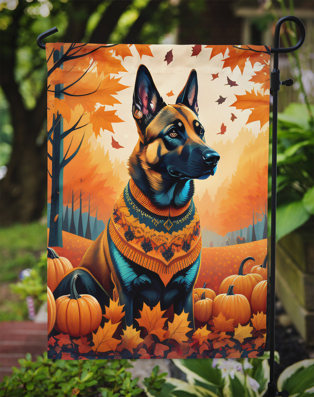 Belgian Malinois Fall Garden Flag – Dog Surrounded by Pumpkins & Autumn Leaves