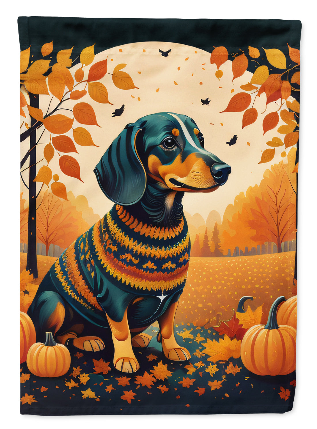 Dachshund Fall Garden Flag – Dog Surrounded by Pumpkins & Autumn Leaves
