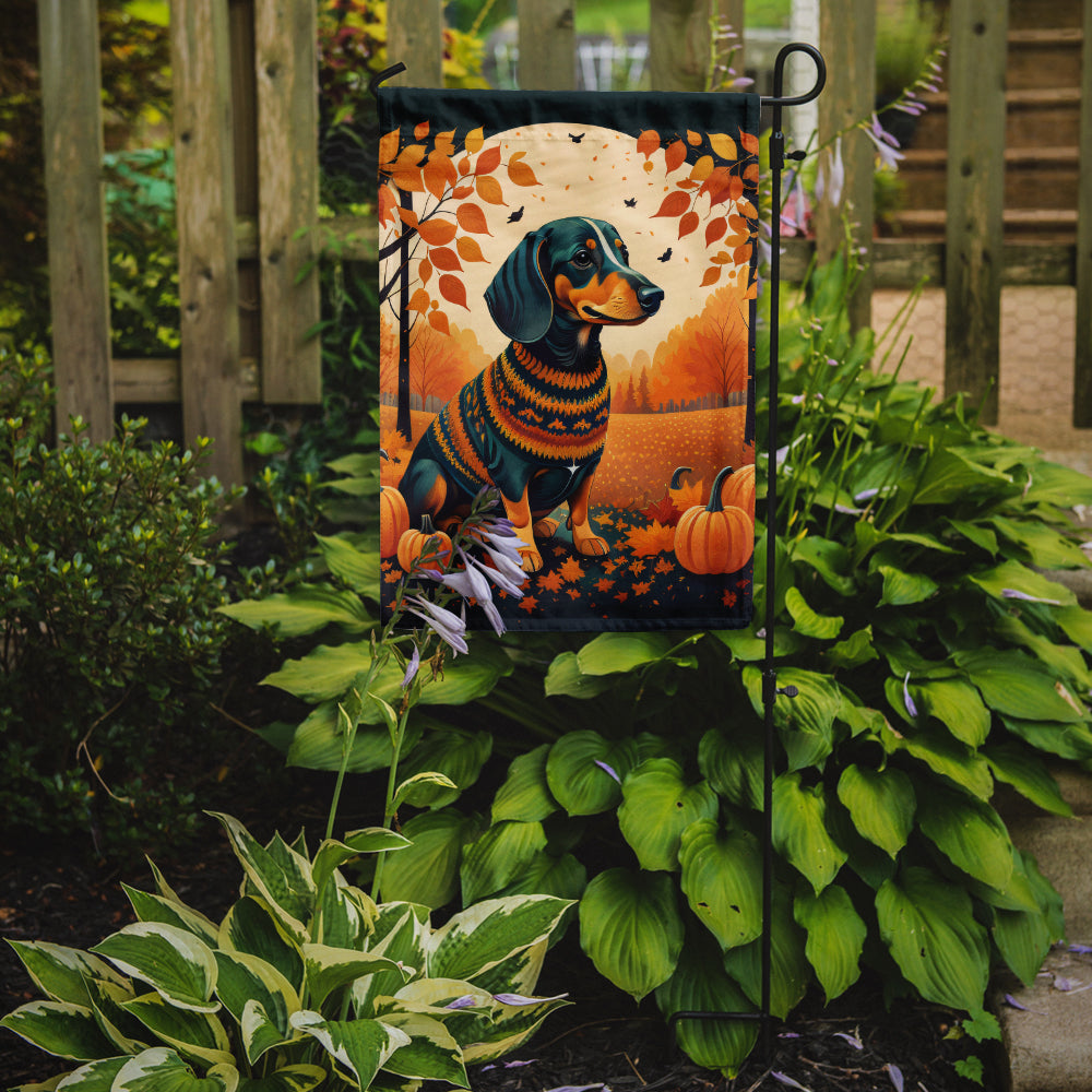 Dachshund Fall Garden Flag – Dog Surrounded by Pumpkins & Autumn Leaves