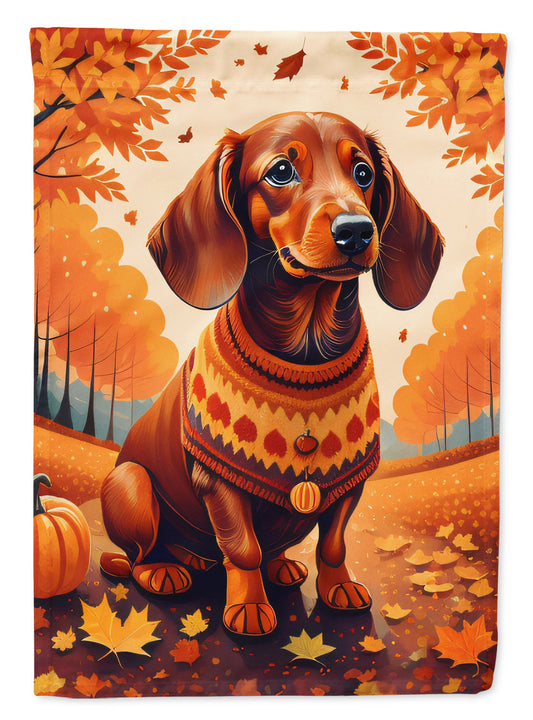 Dachshund Fall Garden Flag – Dog Surrounded by Pumpkins & Autumn Leaves